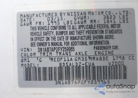 2015 Nissan Sentra Fe+ S/S/Sl/Sr/Sv z USA, uszkodzony, nr VIN 3N1AB7AP2FY259965